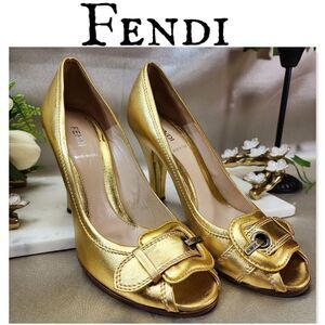 Authentic Fendi Metallic Gold Leather Buckle Peep Toe Heel w/ Dust Bag